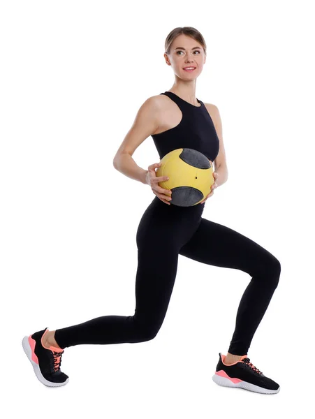 Femme Athlétique Faisant Exercice Avec Boule Médecine Isolé Sur Blanc — Photo