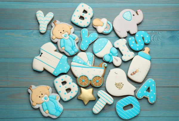 Set Babyshower Koekjes Turquoise Houten Tafel Plat Gelegd — Stockfoto