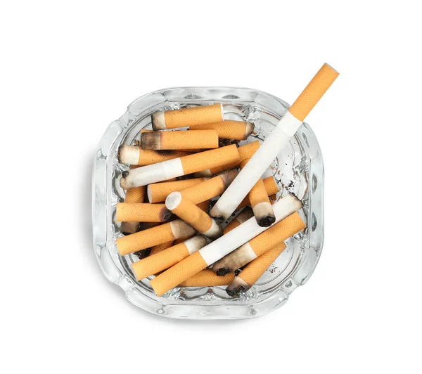 Cinzeiro Vidro Cheio Tocos Cigarro Isolado Branco Vista Superior — Fotografia de Stock