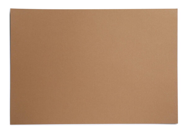 Sheet of brown paper on white background, top view