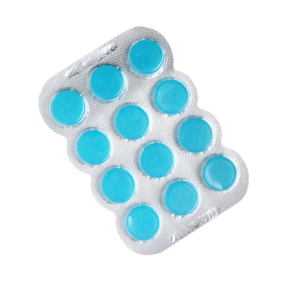 Blase Mit Blauen Hustentropfen Isoliert Auf Weiß — Stockfoto