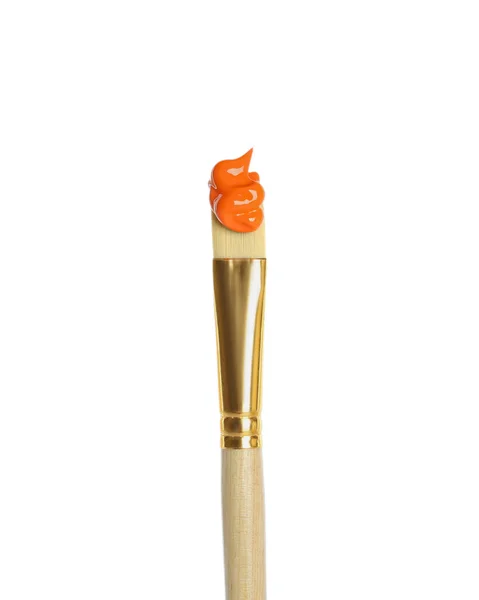 Brosse Avec Peinture Orange Isolée Sur Blanc — Photo