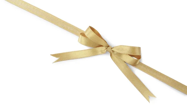 Golden Satin Ribbon Bow White Background Top View — Stock Photo, Image