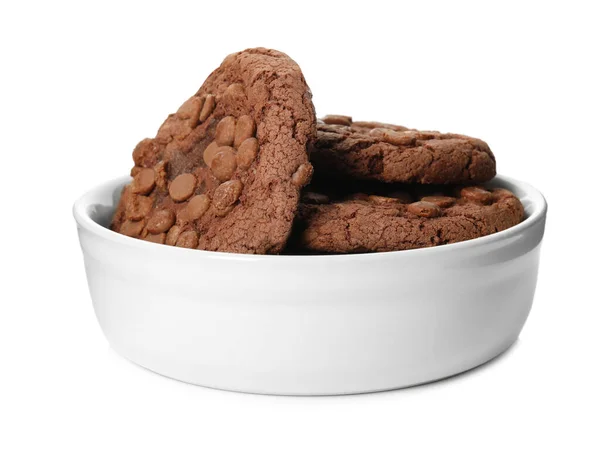 Deliciosos Biscoitos Chocolate Tigela Isolada Branco — Fotografia de Stock