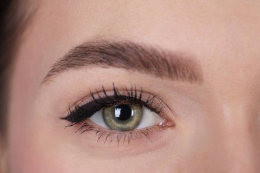 Kalıcı makyaj prosedüründen sonra genç bayan, yakın çekim.