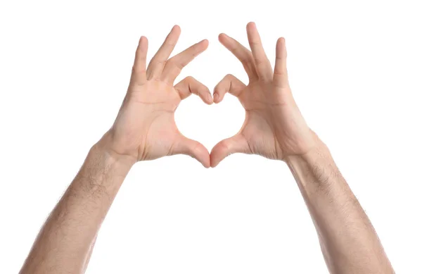 Hombre Haciendo Corazón Con Las Manos Sobre Fondo Blanco Primer — Foto de Stock