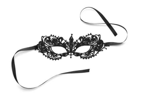 Masque Dentelle Noire Sur Fond Blanc Vue Dessus Accessoire Pour — Photo