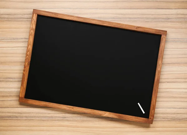 Clean Blackboard Piece Chalk Wooden Background Top View — Stock Photo, Image