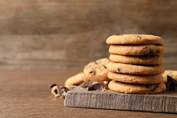 Delicious Chocolate Chip Cookies Wooden Table Space Text — Stock Photo, Image