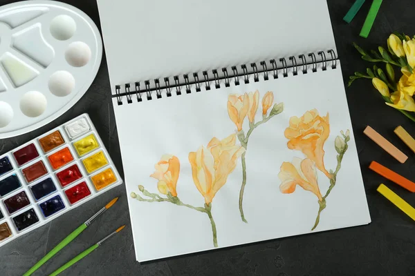 Flat Lay Composition Beautiful Drawing Freesia Flowers Black Table — Stock Photo, Image