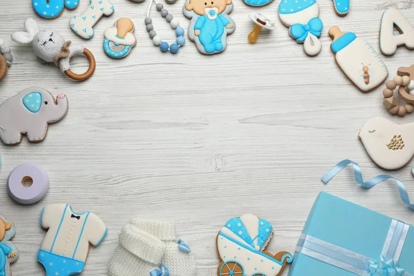 Frame Made Cute Tasty Cookies Different Shapes Flat Lay Space — Stock Photo, Image