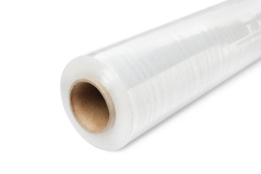 Plastik streç film rulosu beyaz üzerine izole, yakın çekim