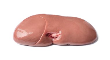 Beyaz arka planda taze çiğ domuz böbreği.