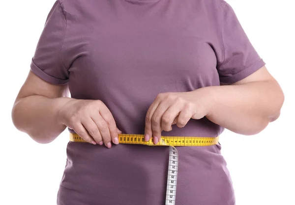 Избыточный Вес Женщины Измерения Талии Лентой Белом Фоне Крупным Планом — стоковое фото