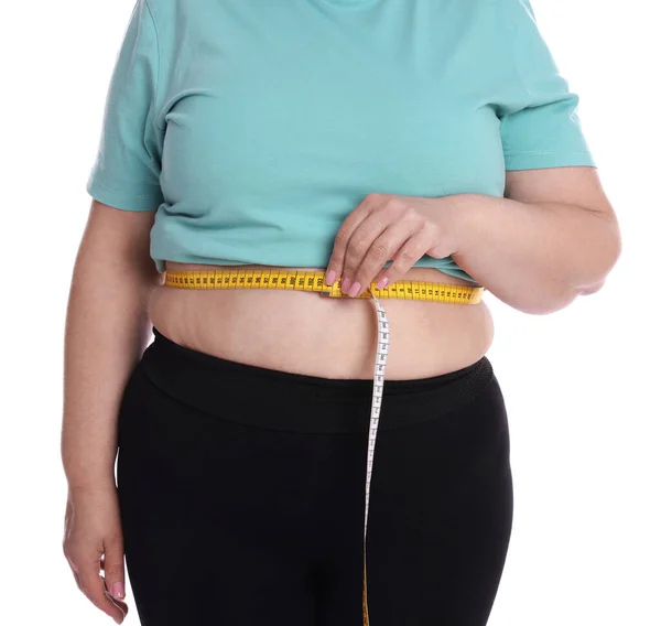 Overweight Woman Measuring Waist Tape White Background Closeup — Stock Photo, Image