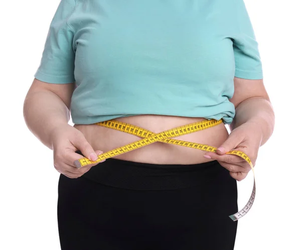 Overweight Woman Measuring Waist Tape White Background Closeup — Stock Photo, Image