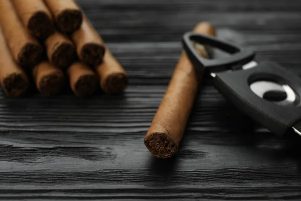 Cigars Guillotine Cutter Black Wooden Table Closeup — Stock Photo, Image