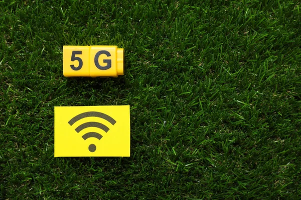 5G teknolojisi, internet konsepti. Yeşil çimlerin üzerinde kablosuz internet sembolü olan sarı küpler ve kart düz yerde. Metin için boşluk