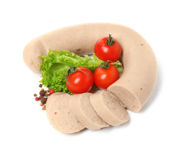 Pyszne Kiełbaski Pomidory Sałata Papryka Białym Tle — Zdjęcie stockowe
