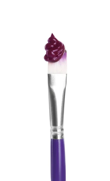 Brosse Avec Peinture Violette Isolée Sur Blanc — Photo