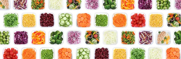 Många Behållare Med Olika Färska Grönsaker Vit Bakgrund Ovanifrån Kollage — Stockfoto