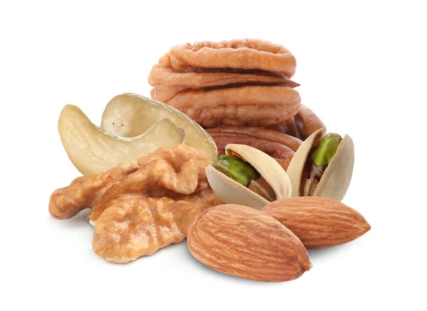 Mix Tasty Organic Nuts White Background — Stock Photo, Image