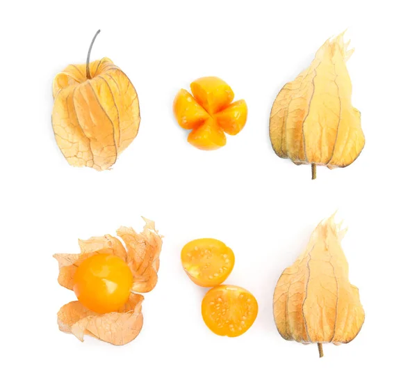 Set Tasty Ripe Physalis Fruits White Background Top View — Stock Photo, Image