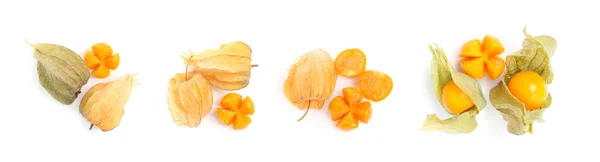 Set Tasty Ripe Physalis Fruits White Background Top View Banner — Stock Photo, Image