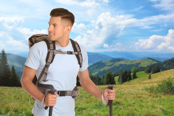 Man Backpack Trekking Poles Mountains Sunny Day — Stock Photo, Image