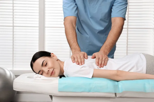 Orthopedist Massaging Young Woman Back Clinic Closeup Scoliosis Treatment — Stock Photo, Image