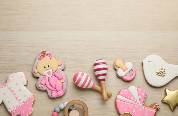 Cute Tasty Cookies Different Shapes Toys Space Text White Wooden — Stock Photo, Image