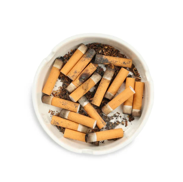 Κεραμικό Τασάκι Γεμάτο Αποκόμματα Τσιγάρων Που Απομονώνονται Λευκή Κορυφαία Άποψη — Φωτογραφία Αρχείου