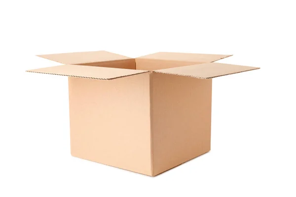 Uma Caixa Papelão Aberta Isolada Branco — Fotografia de Stock