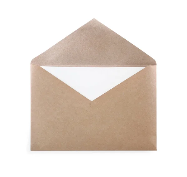 Envelope Papel Kraft Com Cartão Isolado Branco — Fotografia de Stock