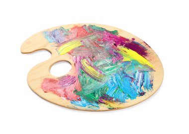 Tahta ressamın paleti, beyaza izole edilmiş karışık boyalar.