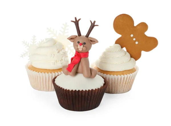 Diferentes Belos Cupcakes Natal Fundo Branco — Fotografia de Stock