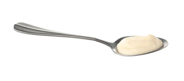 Spoon Med Velsmagende Mayonnaise Isoleret Hvid - Stock-foto