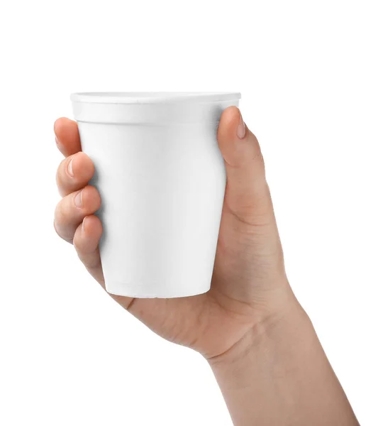 Woman Holding Styrofoam Cup White Background Closeup — Stock Photo, Image