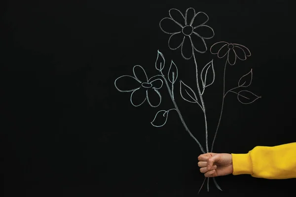 Woman Black Board Chalk Drawing Bouquet Closeup Space Text — Stock Photo, Image