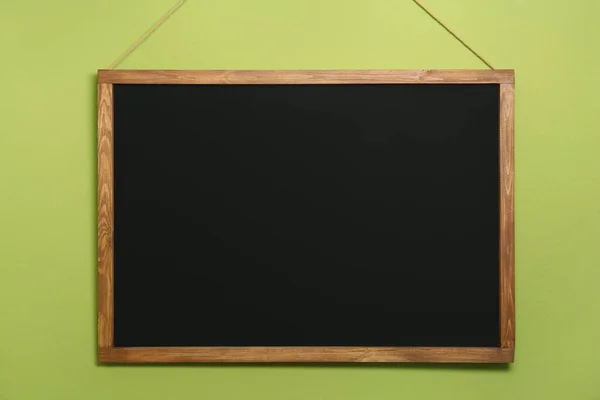 Clean Black Chalkboard Hanging Light Green Wall — Stock Photo, Image