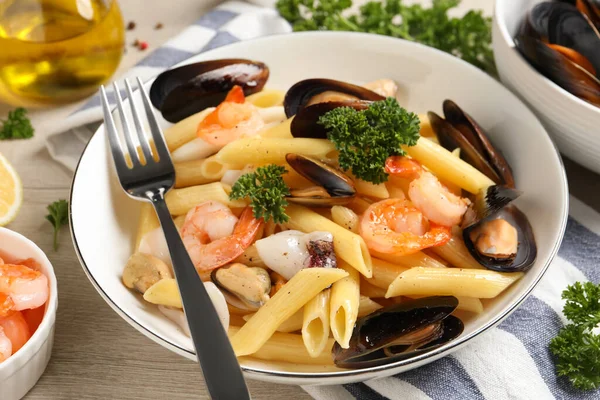 Delicious Pasta Sea Food Served White Wooden Table — Stock Photo, Image
