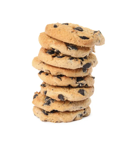 Stack Med Läckra Chocolate Chip Cookies Vit Bakgrund — Stockfoto