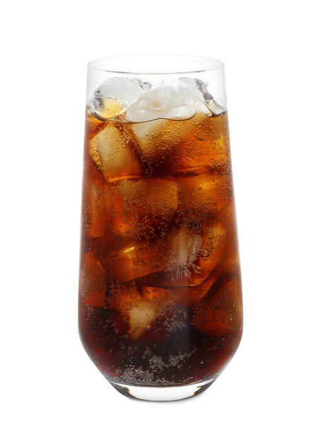 Glas Uppfriskande Läsk Dryck Med Isbitar Isolerade Vitt — Stockfoto