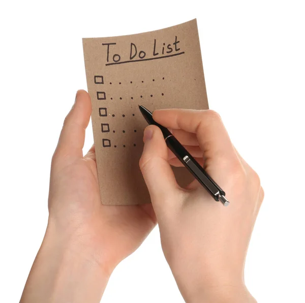 Woman Filling List White Background Closeup — Stock Photo, Image