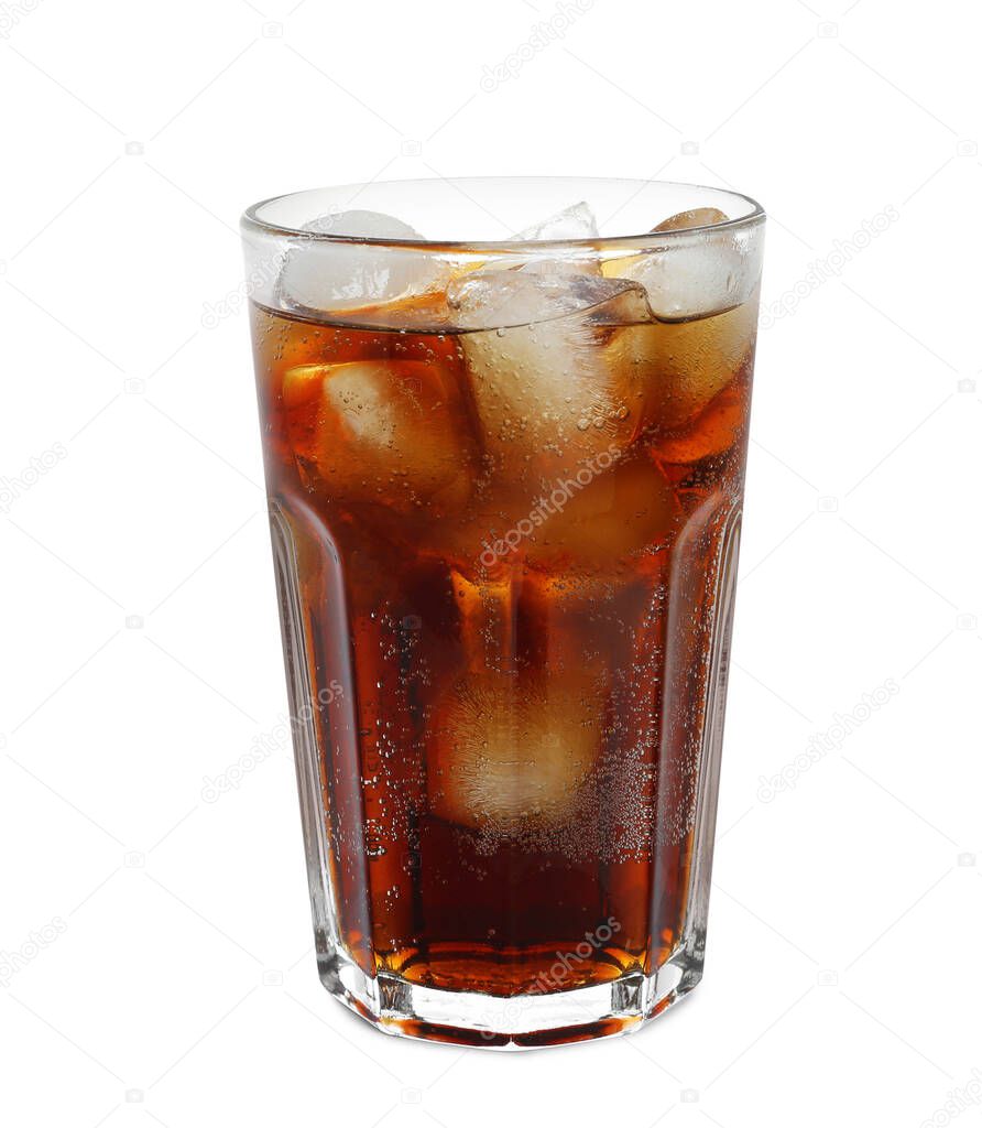Glass of refreshing soda drink with ice cubes isolated on white