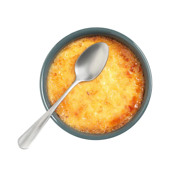 Läcker Grädde Brulee Och Sked Keramiska Ramekin Isolerad Vit Ovanifrån — Stockfoto