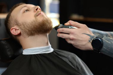 Berber dükkanında sakallı müşteriyle çalışan profesyonel kuaför.