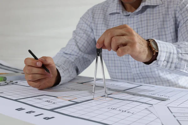 Architect Working Construction Drawings Indoors Closeup Stock Photo
