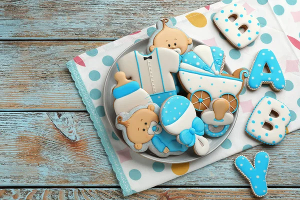 Word Baby Ízletes Cookie Különböző Formájú Világoskék Asztal Lapos Fektetés — Stock Fotó