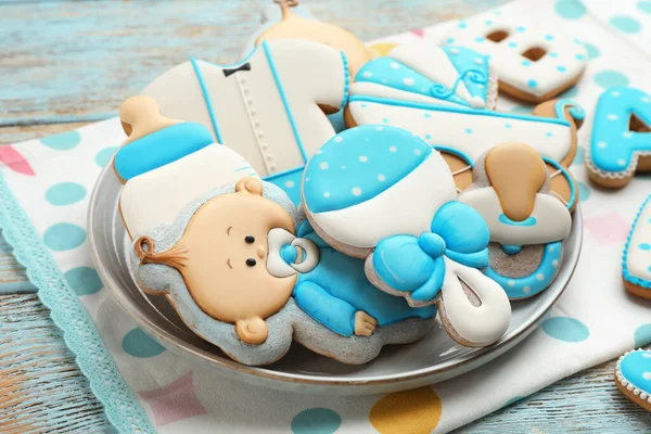 Cute Tasty Cookies Different Shapes Light Blue Wooden Table Closeup — Stock Photo, Image